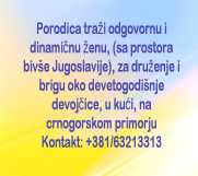 SrbijaOglasi - Porodica traži odgovornu i dinamičnu ženu za brigu o detetu na crnogorskom primorju